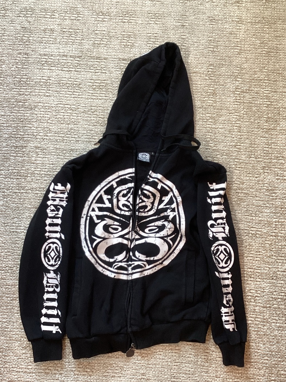 Black Graphic Zip-Up Hoodie with White Tribal Emblem